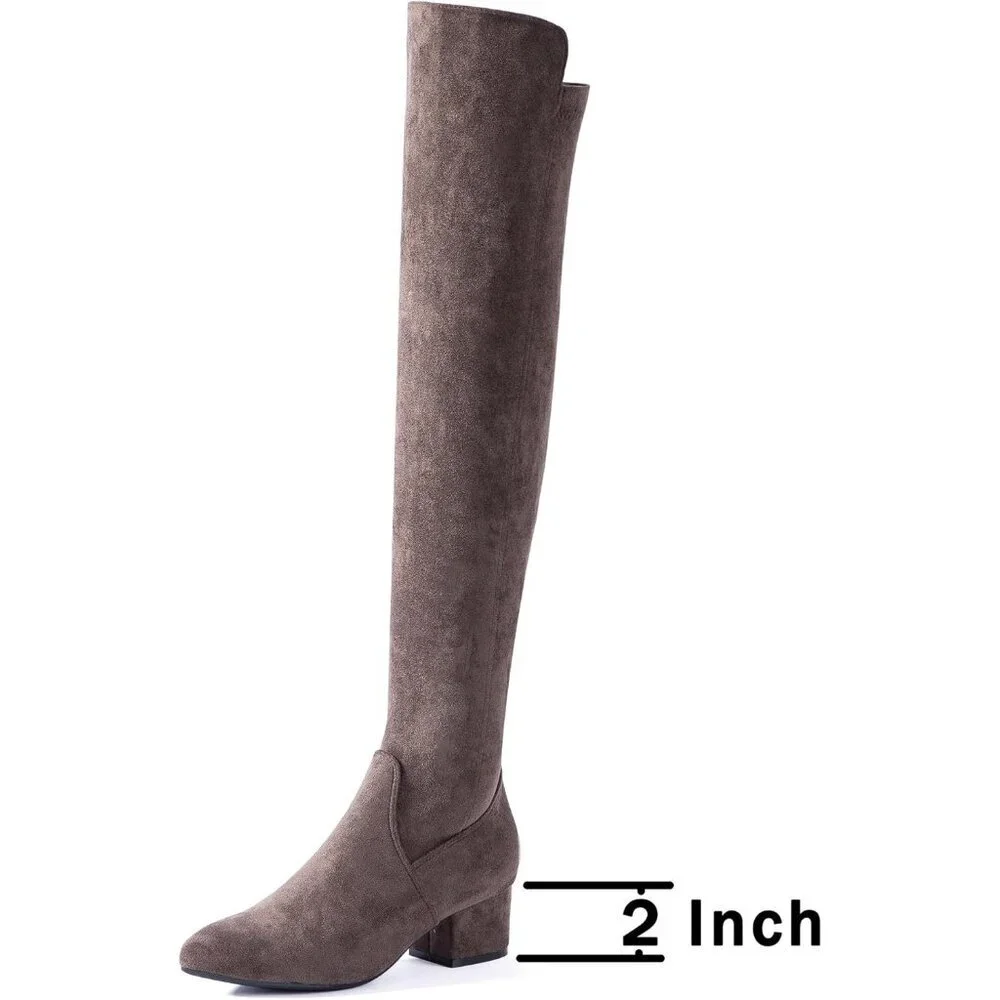 Women Chocolate 2Inch Faux Suede Over The Knee Thigh High Low Block Heel Boot